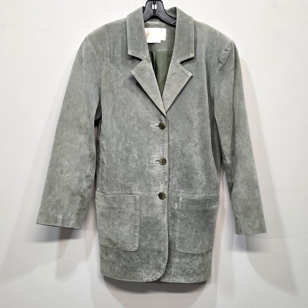 Margaret Godfrey Nubuck Leather Jacket 10 Sage Green Long Vintage 90s Minimalist